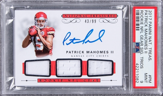 2017 Panini National Treasures NFL Gear Rookie Signature Trios #RST-PM Patrick Mahomes II Signed Rookie Card (#43/99) - PSA MINT 9